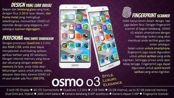 Harga Osmo O3, Hp Android RAM 2 GB Usung Fingerprint Sensor
